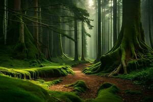 a path through a forest with mossy trees. AI-Generated photo