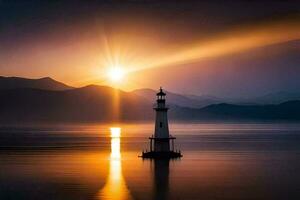 un faro en el medio de un lago a puesta de sol. generado por ai foto