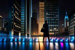 a man stands in front of a city at night. AI-Generated photo