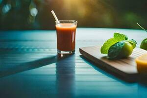 un vaso de jugo en un mesa con un naranja y un Lima. generado por ai foto