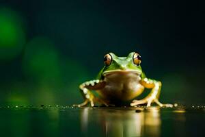 a frog sitting on the ground with a green background. AI-Generated photo