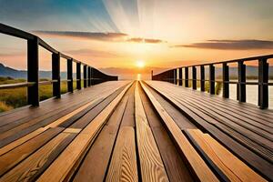 a wooden bridge over a lake at sunset. AI-Generated photo