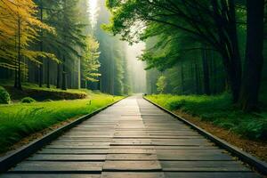 a wooden path in the middle of a forest. AI-Generated photo