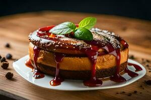 a cake with syrup and berries on a plate. AI-Generated photo