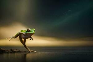 a frog jumping on the ground with a star in the background. AI-Generated photo