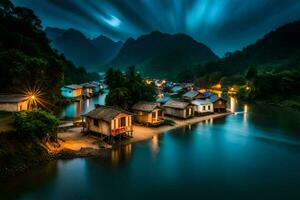 houses on the shore of a river at night. AI-Generated photo