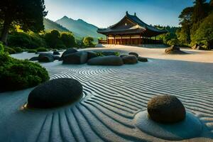 un japonés jardín con rocas y un pagoda. generado por ai foto