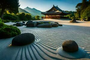 a japanese garden with rocks and a pagoda. AI-Generated photo