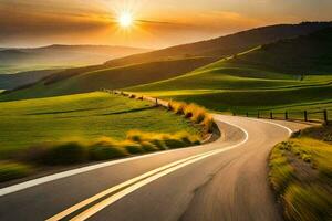 a winding road in the countryside at sunset. AI-Generated photo