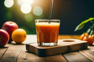 un vaso de naranja jugo en un de madera mesa. generado por ai foto