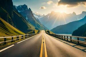 a road leading to a mountain range with the sun shining. AI-Generated photo