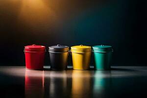 four colorful buckets on a dark background. AI-Generated photo