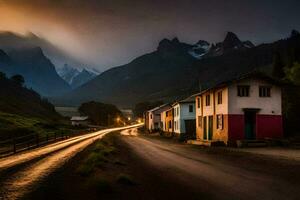 un la carretera en el montañas a noche con casas y montañas en el antecedentes. generado por ai foto