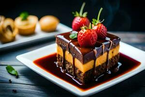 a piece of chocolate cake with strawberries on top. AI-Generated photo