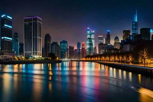 el chicago horizonte a noche. generado por ai foto