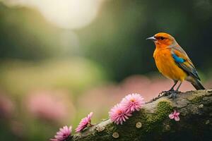 a colorful bird sits on a branch in front of pink flowers. AI-Generated photo