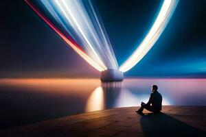 a man sitting on the edge of a lake with a long streak of light coming from the sky. AI-Generated photo