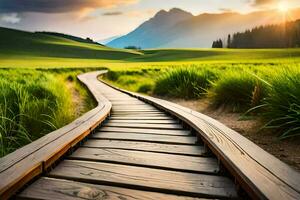 a wooden path leads to a green field with mountains in the background. AI-Generated photo