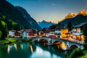 photo wallpaper the sky, mountains, water, houses, bridge, town, lake, mountains,. AI-Generated