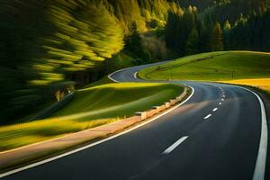 un largo, devanado la carretera en el montañas. generado por ai foto