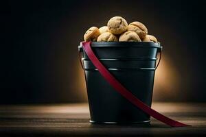 a bucket filled with walnuts on a dark background. AI-Generated photo