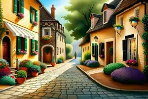 an artistic painting of a street with flowers and plants. AI-Generated photo