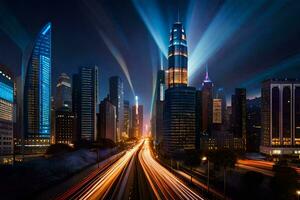 a city at night with lights and traffic. AI-Generated photo