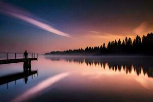 a man stands on a dock at sunset. AI-Generated photo