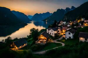 photo wallpaper the sky, mountains, water, house, village, sunset, norway, f. AI-Generated