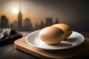 two eggs on a plate in front of a cityscape. AI-Generated photo