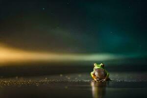 un rana sentado en el suelo a noche. generado por ai foto