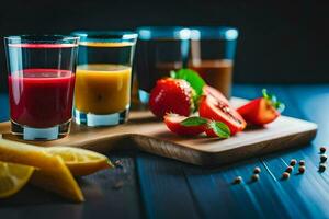 un vaso de jugo con fresas, Tomates y un rebanada de limón. generado por ai foto