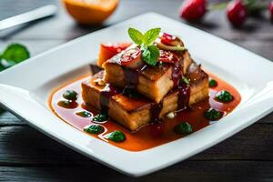 a plate of tofu with sauce and garnish. AI-Generated photo