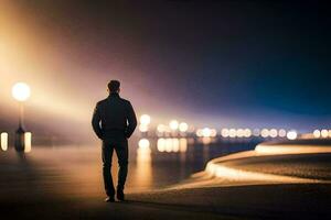 un hombre en pie en el playa a noche con luces en el antecedentes. generado por ai foto