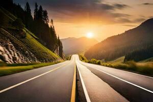 a long road with the sun setting in the background. AI-Generated photo