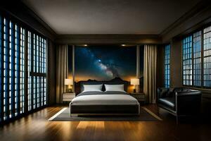 un dormitorio con un cama y un ver de el noche cielo. generado por ai foto