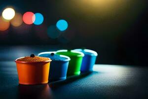 colorful cups on a table with a blurred background. AI-Generated photo