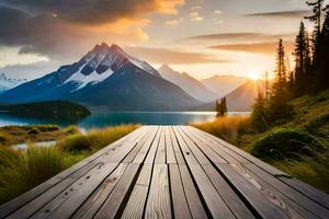 wooden boardwalk over a lake and mountains at sunset. AI-Generated photo