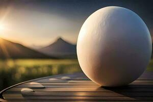 an egg sitting on a table in front of a sunset. AI-Generated photo