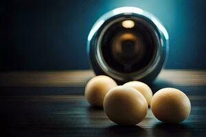 eggs on a table with a speaker. AI-Generated photo