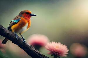 a colorful bird sits on a branch with pink flowers. AI-Generated photo