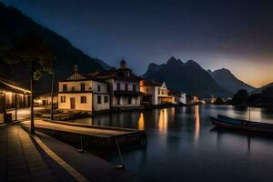 a boat sits in the water at night in front of a mountain. AI-Generated photo