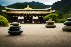 piedras en el medio de un jardín con un pagoda en el antecedentes. generado por ai foto