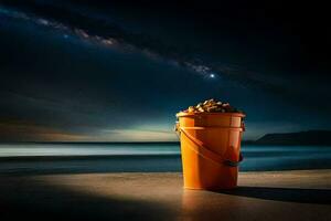 a bucket of peanuts on the beach at night. AI-Generated photo