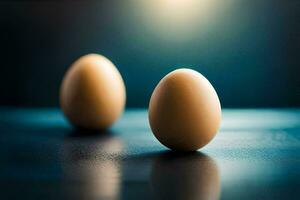 dos huevos en un mesa con un azul antecedentes. generado por ai foto