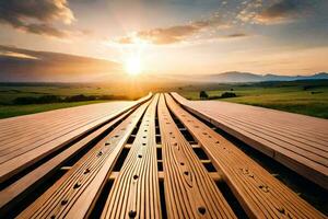 a wooden walkway with the sun setting behind it. AI-Generated photo