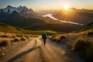 a person walking on a dirt road in the mountains. AI-Generated photo