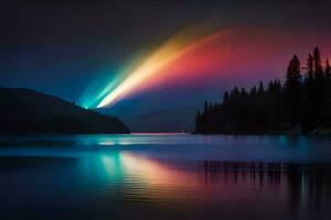 un arco iris es reflejado en el agua. generado por ai foto