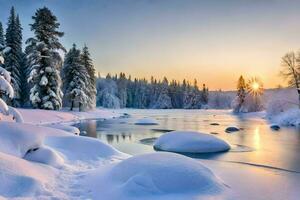 photo wallpaper the sky, snow, trees, river, sun, winter, the forest, the. AI-Generated