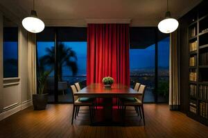 un comida habitación con rojo cortinas y un ver de el ciudad. generado por ai foto